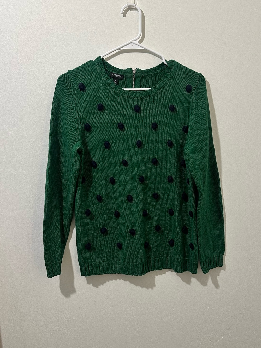 Talbots Green Crewneck Sweater with Black Pom-Poms